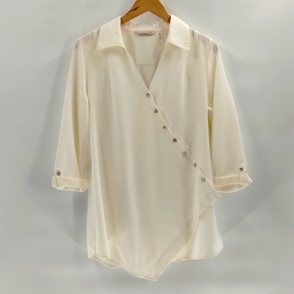 Soft Surroundings off white wrap button blouse asymmetrical top elbow sleeve med - Picture 1 of 10